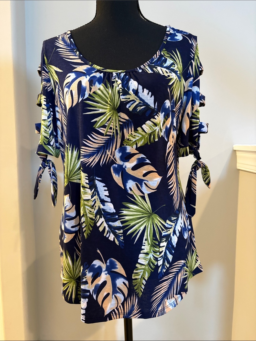 Late August Navy Tropical Print Tie-Sleeve Top